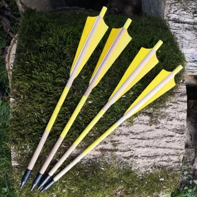 Medieval wooden crossbow arrows, turkey feathers, steel field points, 4 pcs